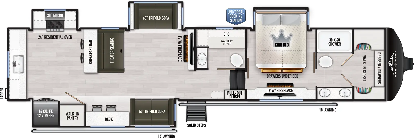 The Ahara 395FB floorplan has one entry and four slide outs. Exterior features include: fiberglass exterior and 16' & 18' awning. Interiors features include: rear kitchen and bathroom and a half.